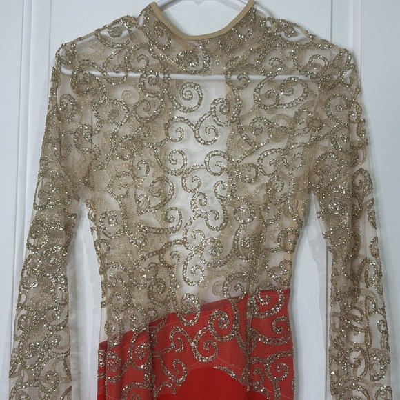Formal Sheer Red Gold Mermaid Dress Glitter Open Back Small Women’s - Picture 1 of 13